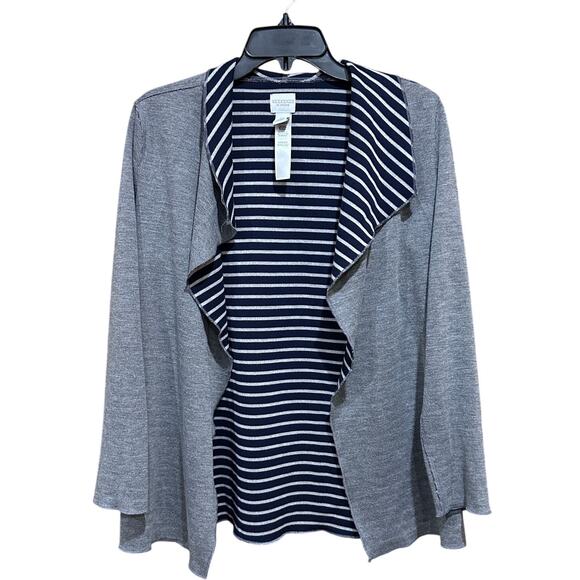 Weekends By Chicos Cardigan Women Size 0 US S Gray Blue Striped Drape Open Front - Picture 1 of 7